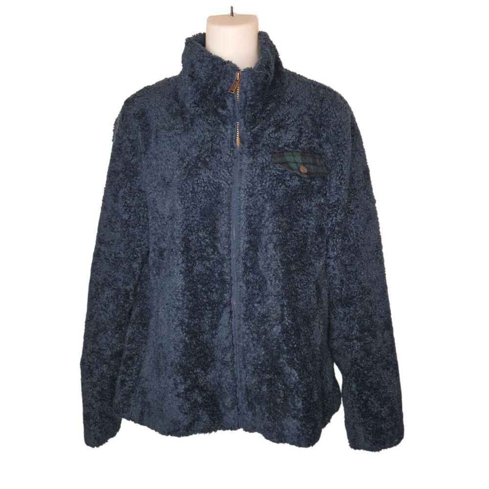 Pendleton Jacket Womens Small Navy Blue Sherpa Fleece Full Zip Teddy Plaid Trim